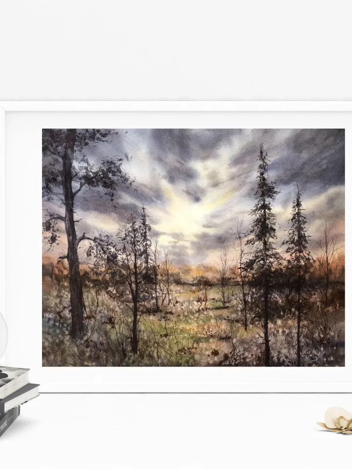 Landscape Original Watercolor Forest Painting Trees Landscape Nature Wall Art