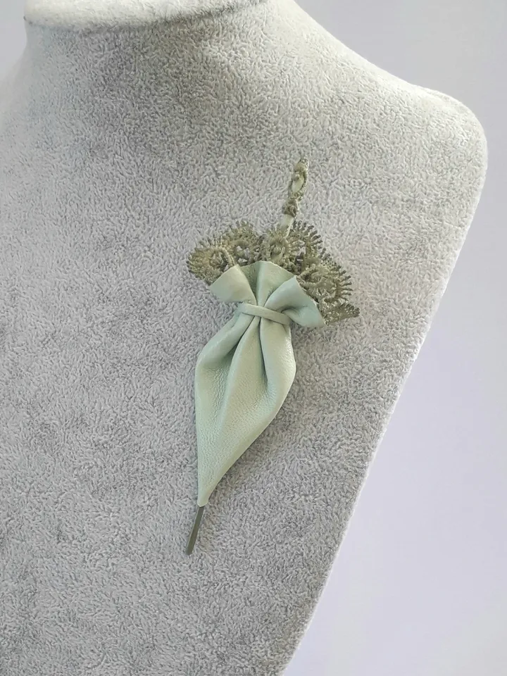 Leather brooch light green umbrella for her , 3rd anniversary gift for wife, Leather women's jewelry