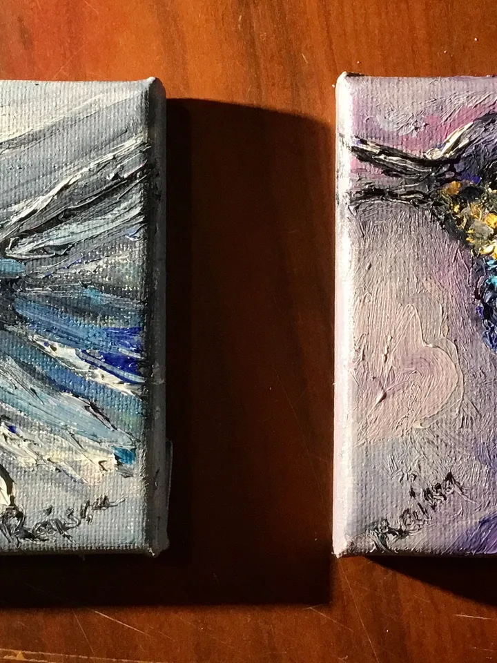 Hummingbirds couple diptych,set of 2 hummingbirds painting,small canvas paintings gifts, wedding gifts wall decor,exotic birds oil painting,