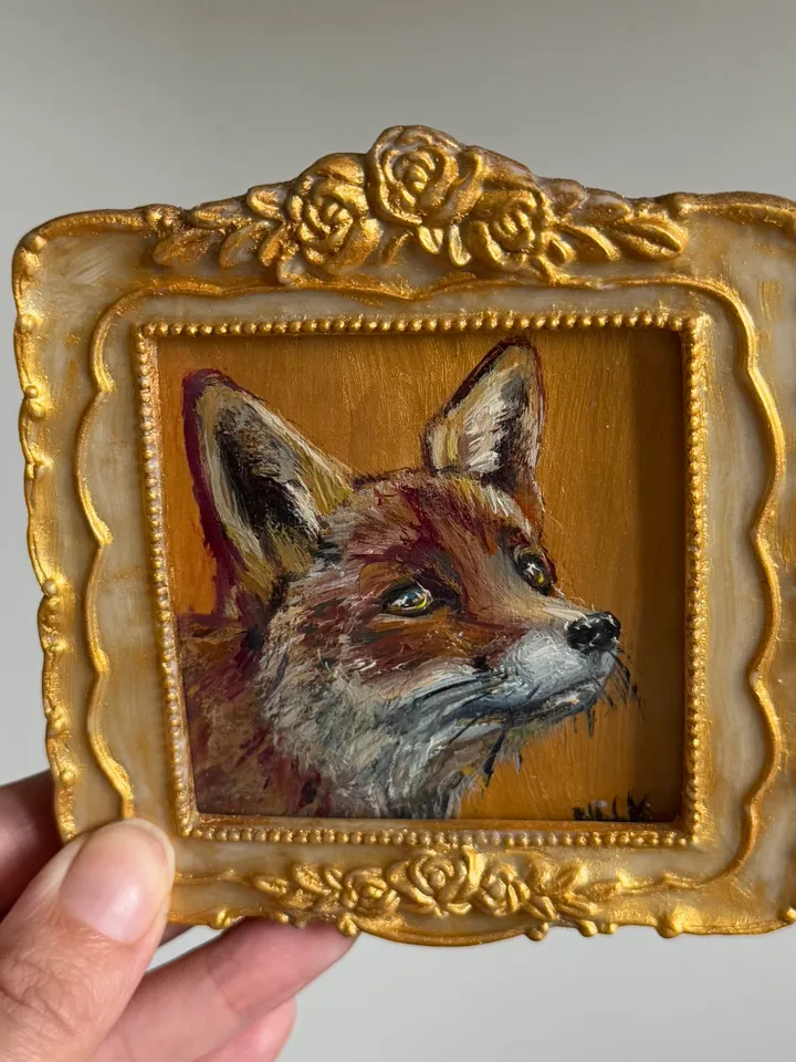 Fox Oil Painting Original In Vintage Style Frame Small Framed Animals Wildlife Art