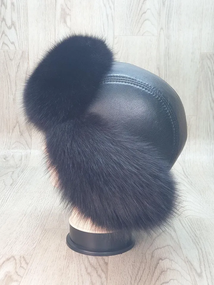 Women's Hat Zimushka from Fox. Fur hat from Natural Fur. Top of the Hat Genuine Leather. Winter hat. Handmade. Black hat made of arctic fur