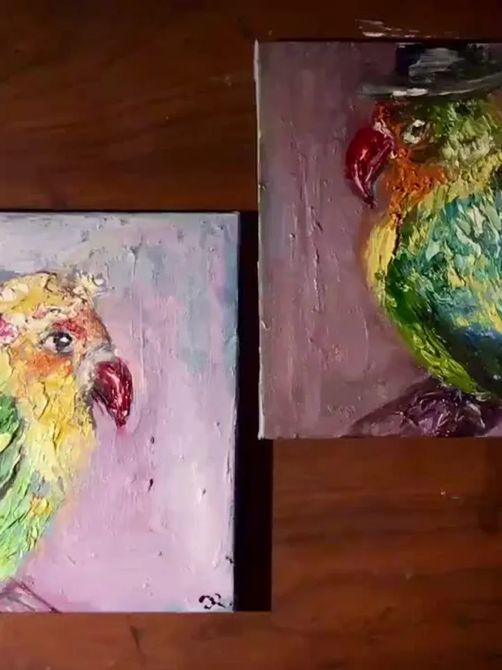 Couple of love birds diptych, parrots painting  ,original oil impasto painting, small gift, wedding gift,exotic colourful  birds painting.