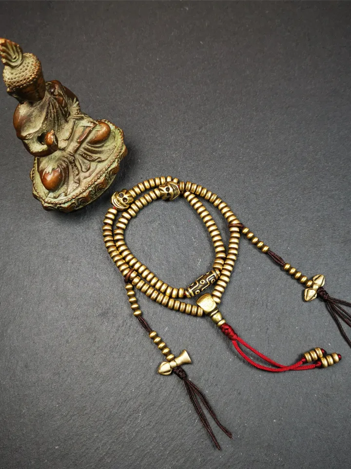 Gandhanra Handmade Lima Brass Mala,Old 108  Prayer Beads Necklace with Counters,for Meditation and Prayer