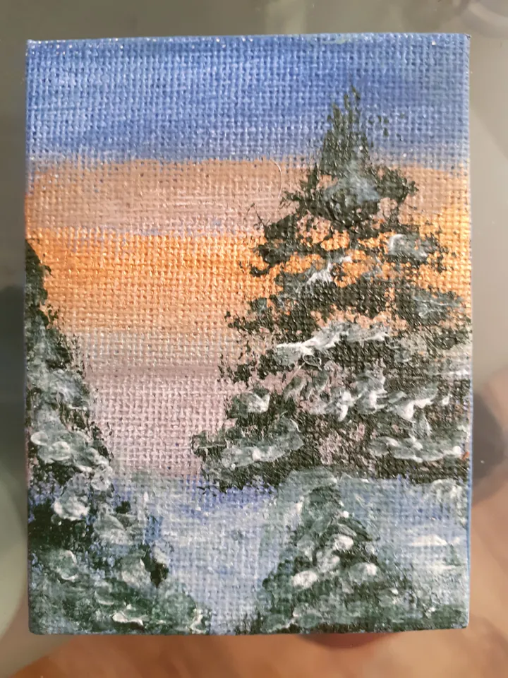 Oil Painting Winter Forest Pine Trees in the Snow Forest Landscape Miniature Stretched Canvas 3.5 x 2.5 inches On a wooden stand \set\ Collectible art Gift for the occasion Decor of walls and other surfaces