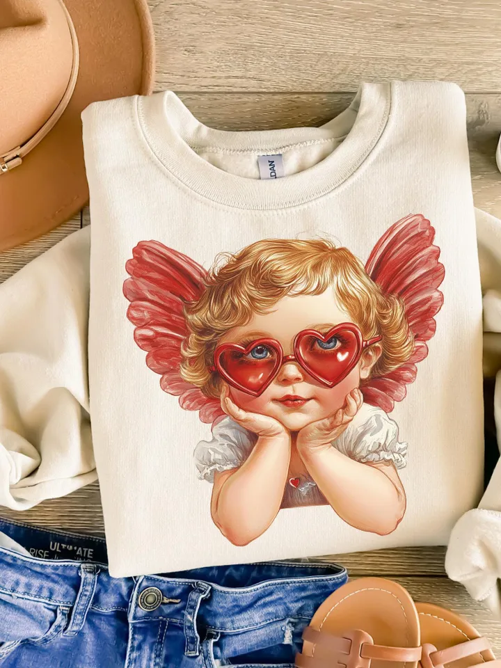 Retro Cupid Valentines Day Heart shape PNG, Vintage Valentines Day png, Funny Cupid With Sunglasses png, Valentines Day png, Cupid png