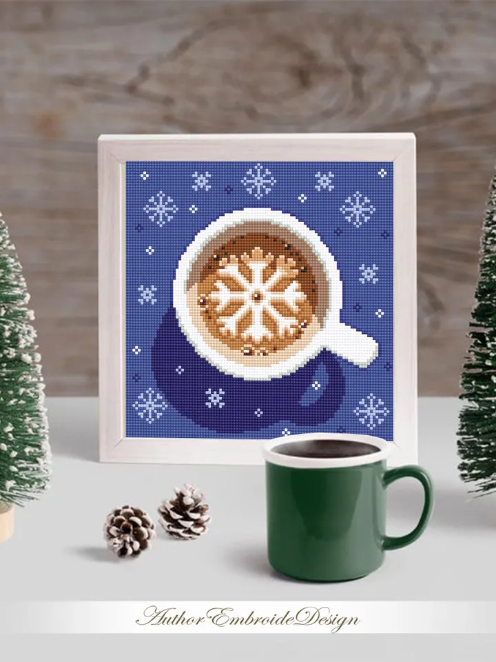 Christmas coffee cross stitch pattern PDF download Christmas cross stitch, Cup of latte cappuccino coffee with snowflake cross stitch #N148