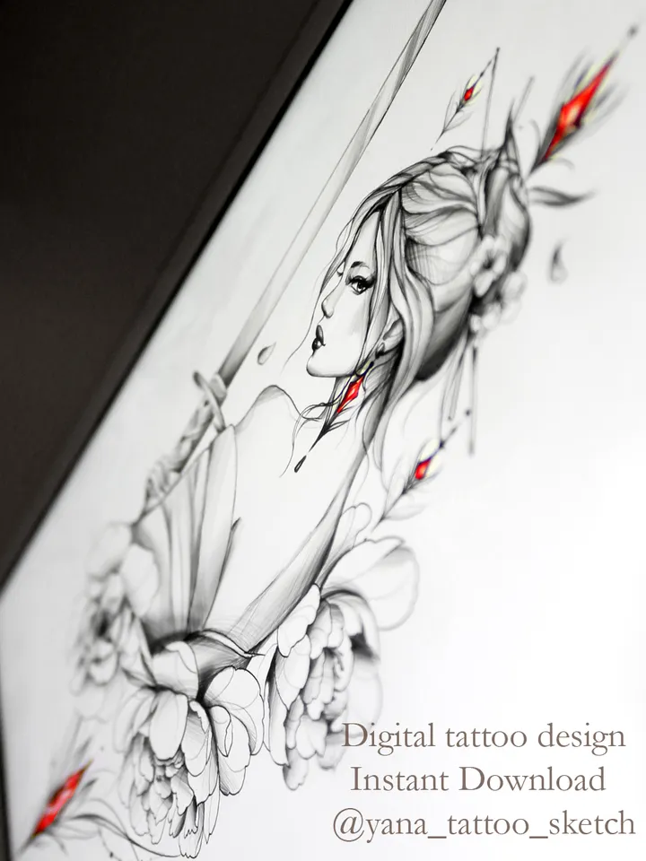 Female Samurai Tattoo Design Girl Samurai Tattoo Stencil Idea Sketch, Instant download PDF, JPG