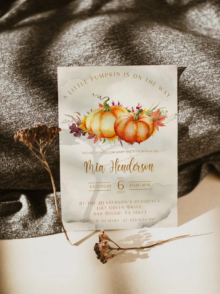 Little Pumpkin is on the way; Editable Autumn Pumpkin Baby Shower Invitation Template Canva; Fall 2022 Autumn Watercolor Pumpkin Invitation