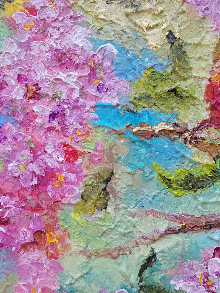 "Spring. Bird talk" oil painting on textured canvas 50x50cm (20x20 inches).