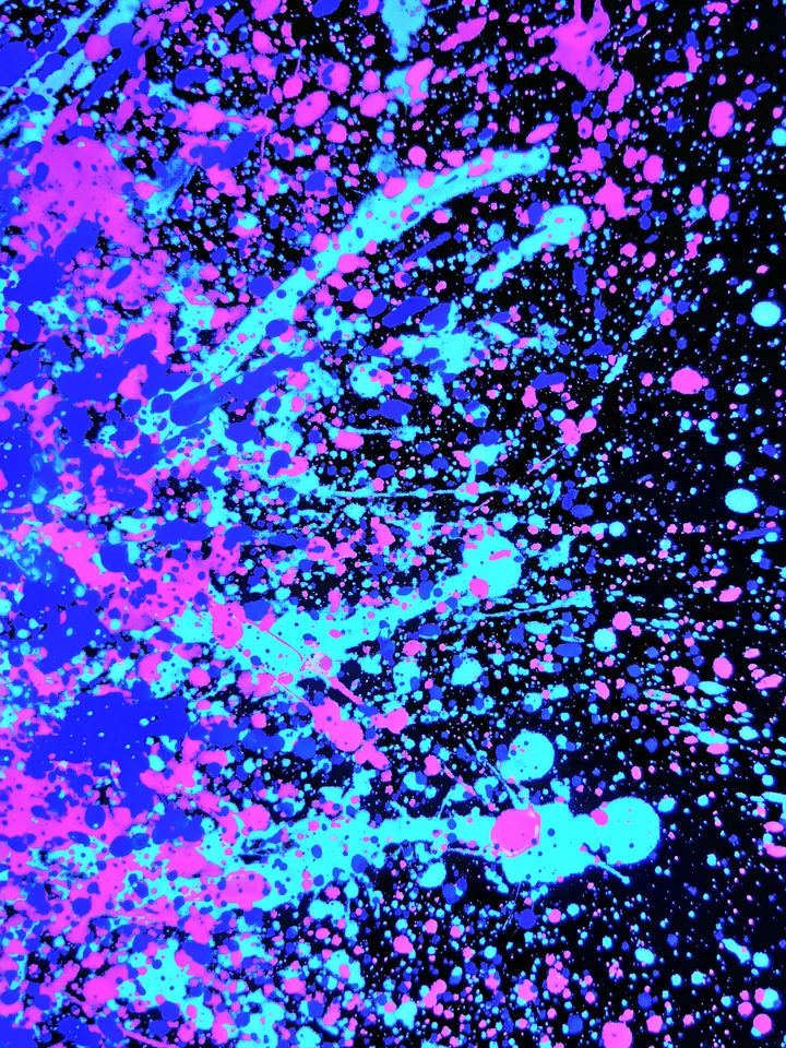 Fluorescent neon painting made with splashes technique "Miami" abstraction, contemporary art