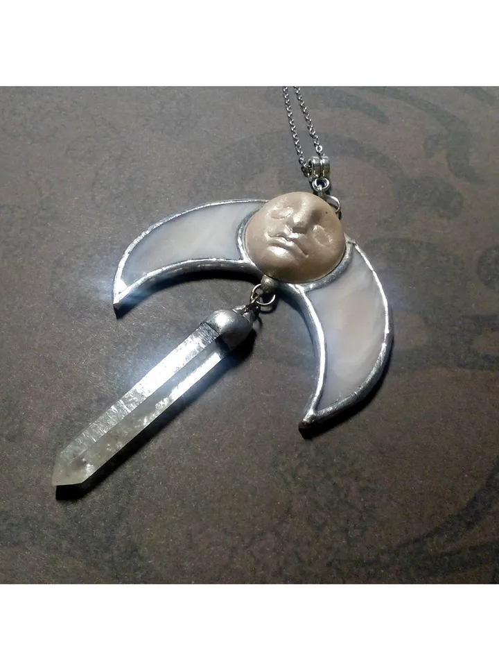 Stained glass moon, Moon Goddess, Moon phase necklace, Stainglass crescent, Full moon pendant, Moon face necklace