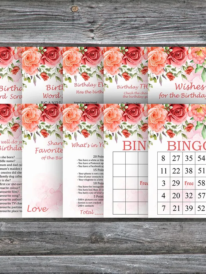 Red Rose Birthday Party Games bundle,Adult birthday games package,Printable Birthday Games,INSTANT DOWNLOAD