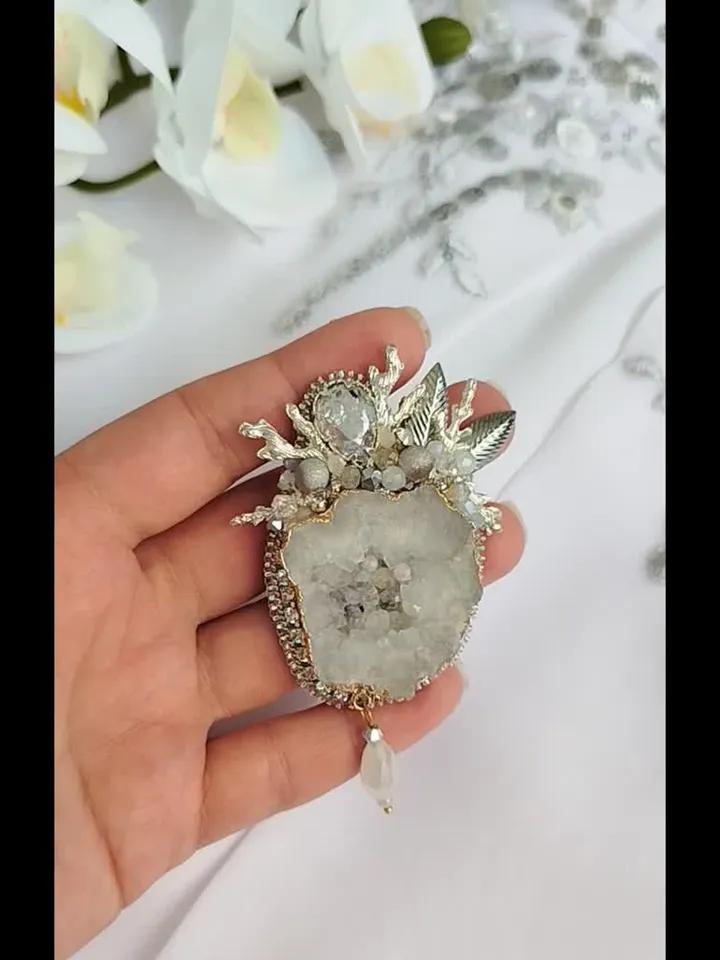 Handmade natural raw stone agate brooch for coat jacket, pin with gemstones