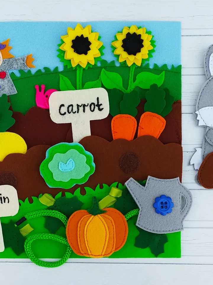 Garden Quiet book pattern, Felt book pattern, Felt vegetable pattern for kids, Soft montessori book sewing ideas for toddler