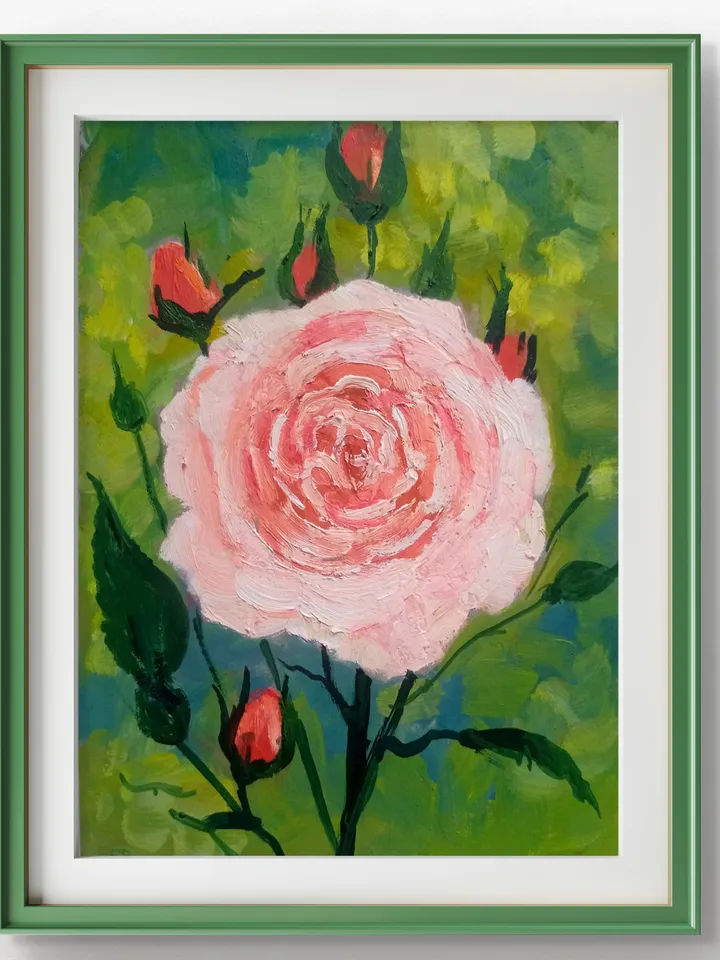 Small painting Portrait of a rose flower, handmade in oil on cardboard Open Rosebud Portrait , Pink Rose Original Art Floral wall art Artwor