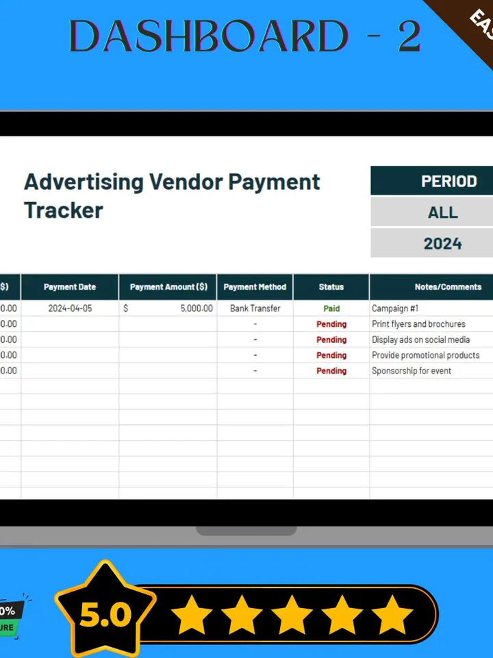 Advertising Vendor Payment Tracker Template, Editable Google Sheets, Marketing Expense Management Tool