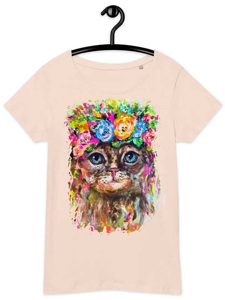 Flower cat Women’s basic organic t-shirt made with my original watercolour mix media artwork,one of a kind.