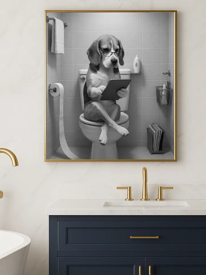 Funny Dog on Toilet Wall Art, Beagle with Glasses Reading Tablet Print, Humorous Bathroom Decor, Digital Download