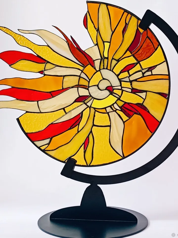 Sun. Tiffany-Style Stained Glass Panel on Iron Stand, Stained Glass with the Sun, Solar Stained Glass