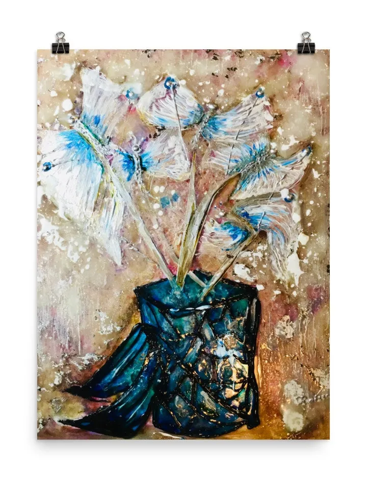 Fantasy butterflies in a vase Poster made from my original stained glass painting,unique design,home decor gift.