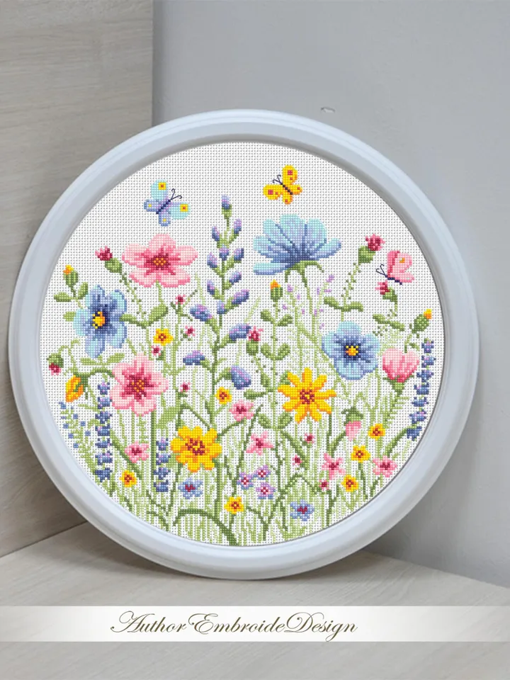 Wildflowers cross stitch pattern PDF download Watercolor flowers cross stitch chart, Wild flowers pattern digital PDF, Flower meadow #P52