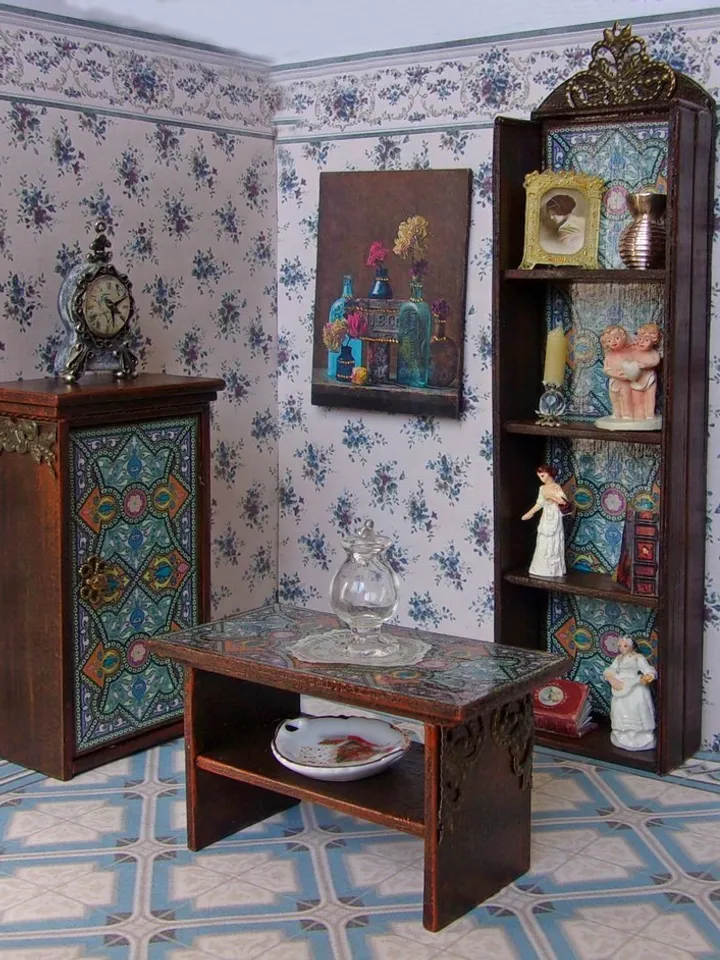 Dollhouse furniture set.1:12 scale. Furniture for a doll's living room. Handmade. Miniature dollhouse. Designer furniture. Shelf, nightstand, coffee table
