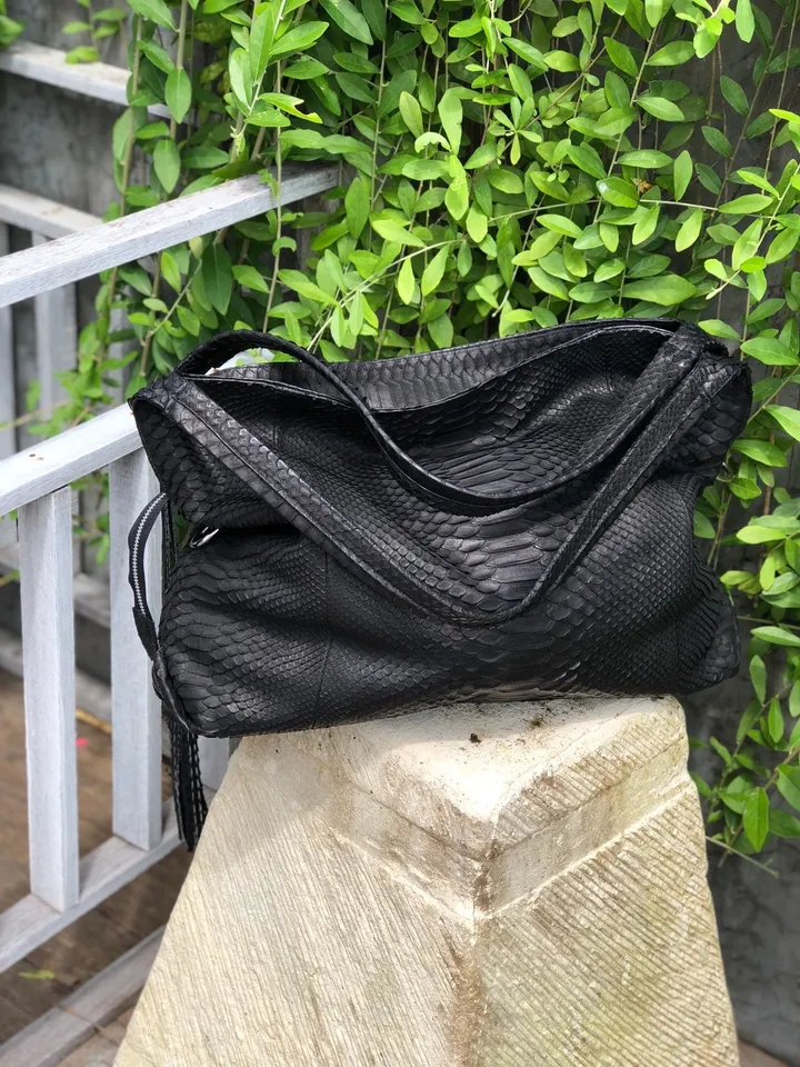 Big Soft Hobo Classy Sport Woman Bag | Purse Genuine Python Skin | Python Skin Products | Black Big Elegant Leather Designer Soft Bag Snake
