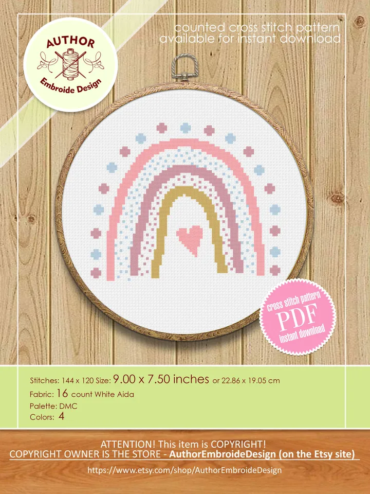 Boho rainbow cross stitch pattern PDF download Modern boho cross stitch chart, Simple rainbow pattern digital PDF, Nursery room decor #O3