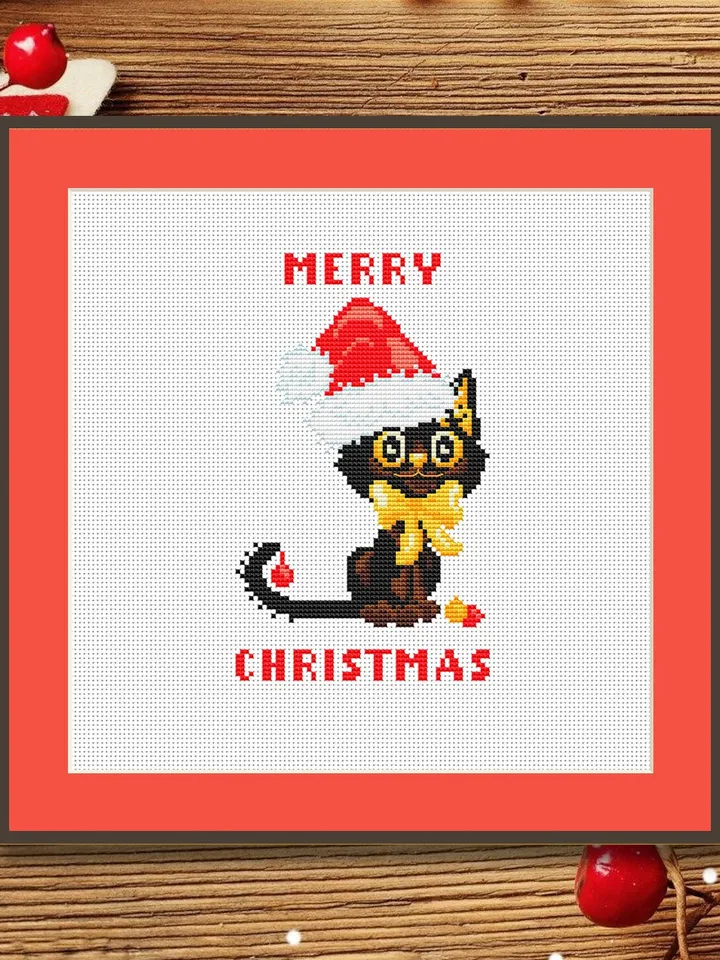 Christmas Cat Cross Stitch Pattern, Christmas Cross Stitch Pattern, Cat Cross Stitch Pattern, Merry Christmas Cross Stitch Pattern #hld009
