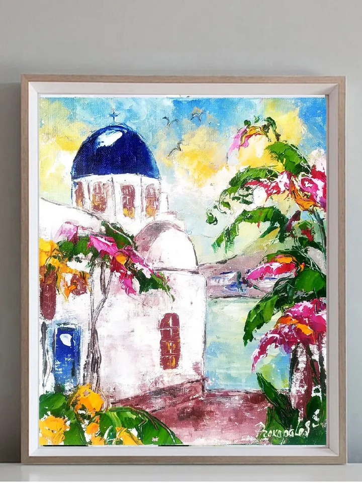 Santorini Painting Greece Original Art 12x10 Impasto Oil Painting Oia Greece Bougainville Wall Art Flower Artwork by ArtProkopaloSv