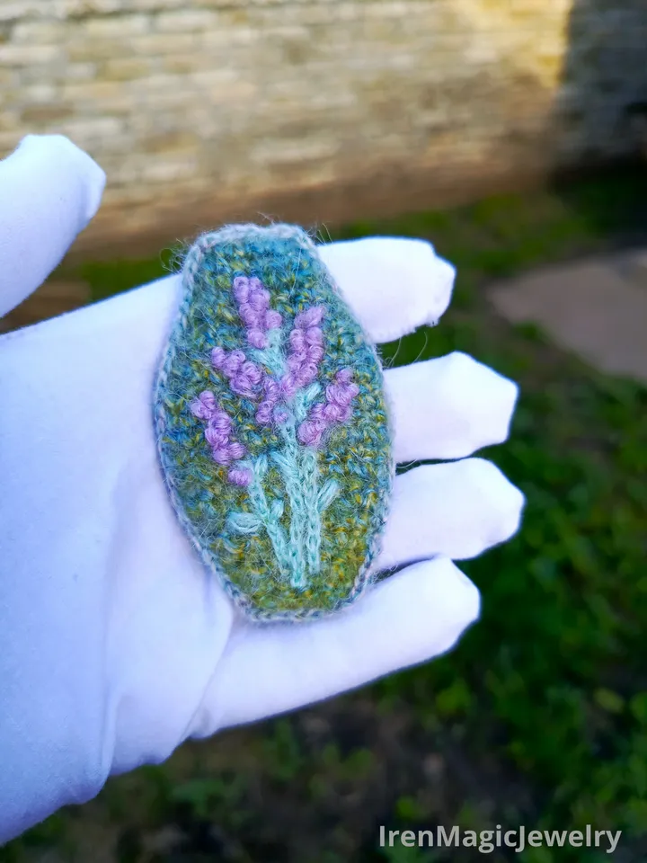 Crocheted Lavender Brooch with Hand Embroidery