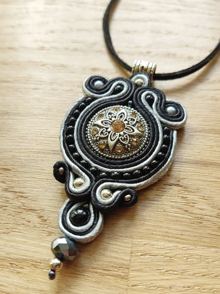 Black boho necklace, Soutache pendant, Embroidered necklace, Ethnic necklace, Mandala