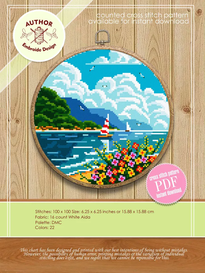Nature cross stitch pattern download PDF Sea beach cross stitch chart Summer modern landscape cross stitch sampler DIY Hawaii home decor #L2