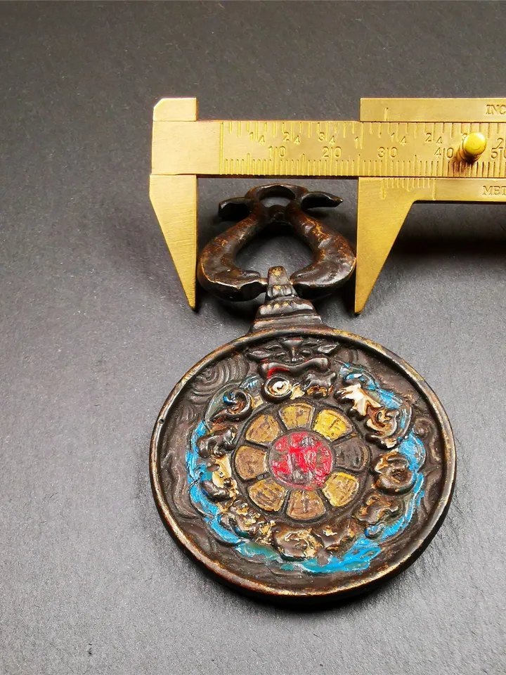 Gandhanra Vintage Tibetan Buddhist Calendar Badge,Panjaranata Mahakala Melong Mirror, SIPAHO Amulet(srid pa ho),Made of Brass,1.89&quot;