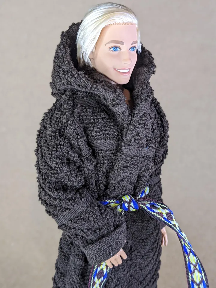 Brown terry bathrobe with a hood for 12 inch fashion male doll
