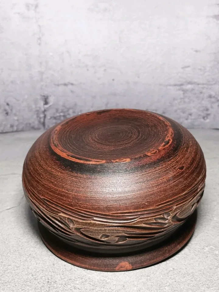 Pottery casserole. Handmade from red clay, carved pattern. Eco-friendly product