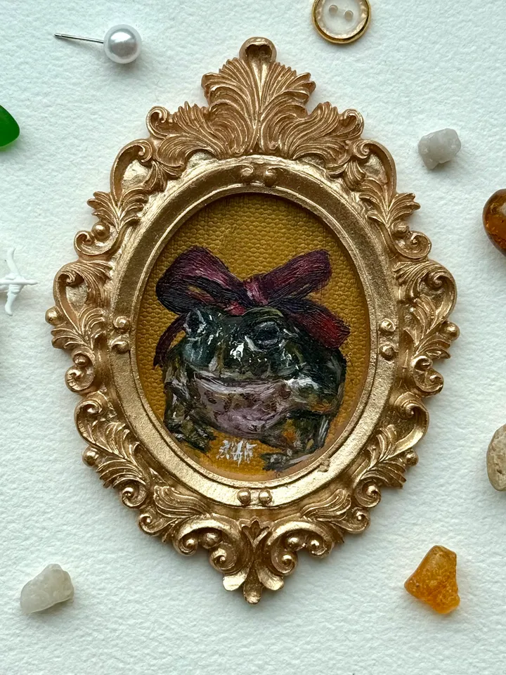 Framed Toad Painting Original Cute Frog Gift Artwork Amphibians Art Oil Painting