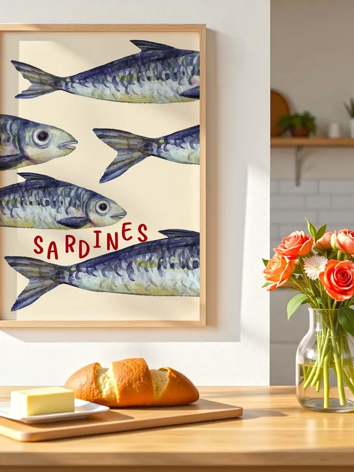 Sardine Wall Art, Sardines Tin Fish Poster, Colorful Kitchen Print, Maximalist Home Decor, Vintage Style Digital Artwork, Retro Sardine Art