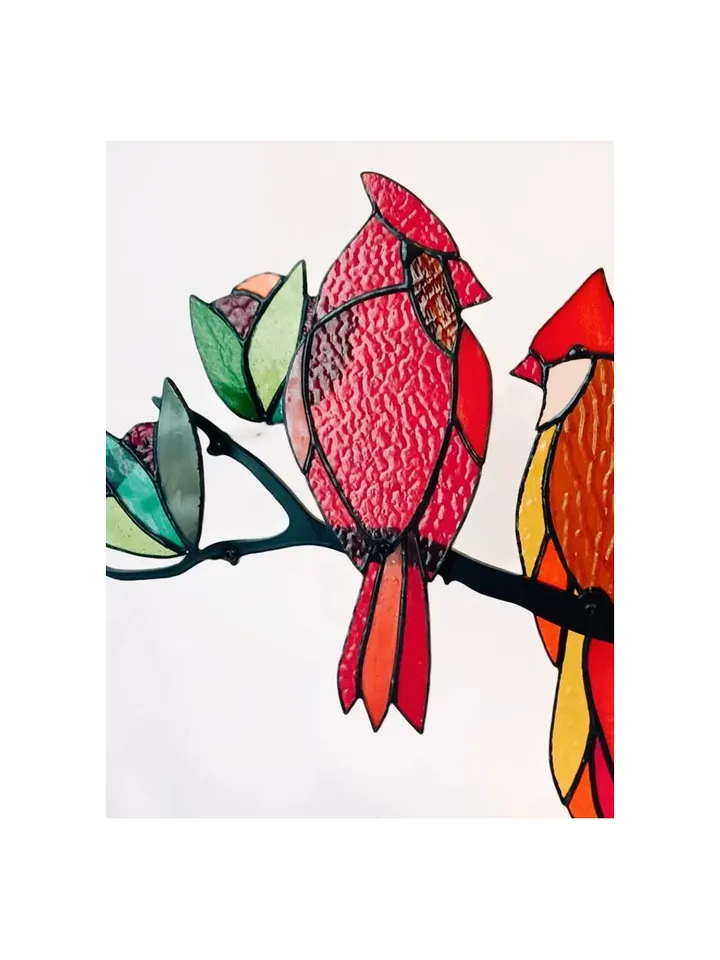 Red Cardinals. Stained Glass Composition on Metal, Red Cardinals Stained Glass Art, Tiffany Technique Cardinal Ornament, Handcrafted Stained Glass Birds on Metal, Red Birds Stained Glass Suncatcher, Handmade Glass Cardinal Wall Decor, Tiffany-Style