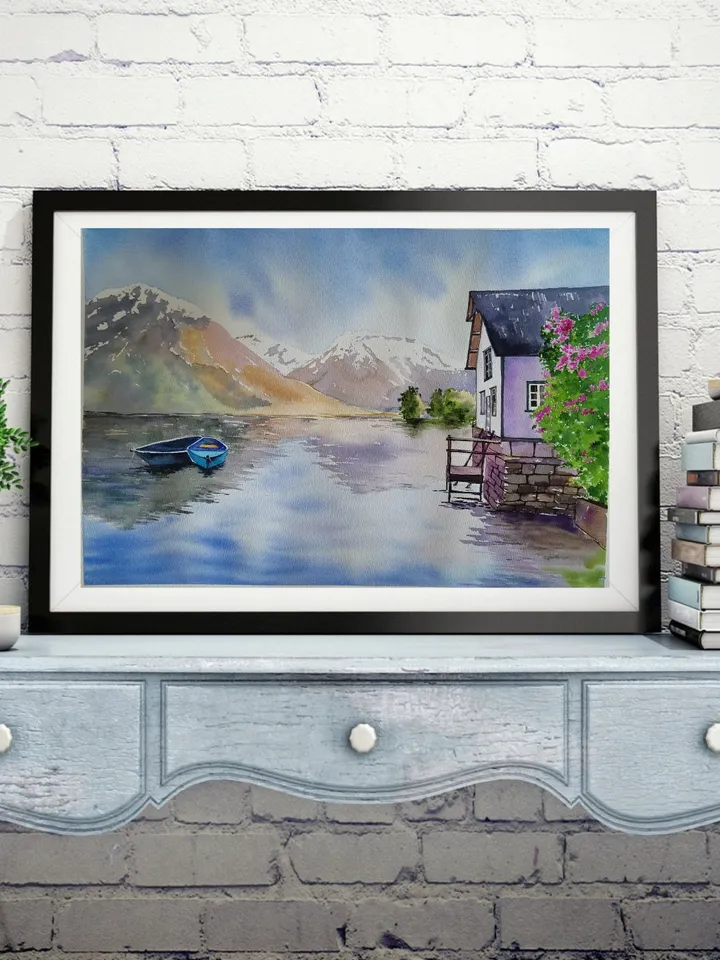 Mountain Lake Painting Lake Landscape Art House on the Lake Artwork Original Watercolor Painting 11.81x15.74 in by SoftWaves
