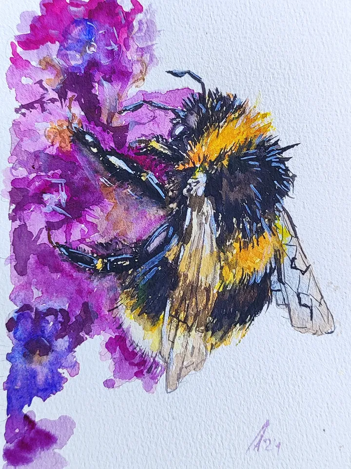 Bumblebee painting original watercolor art floral artwork 19.5 by 13.5 cm