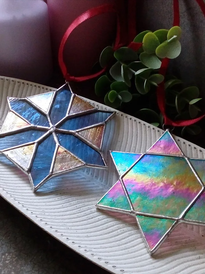 Set of 2 snowflake suncatchers, christmas ornaments, simple stained glass, Christmas decorations, Xmas tree star