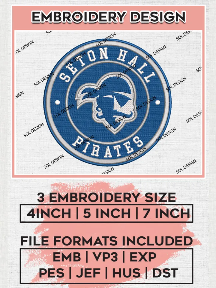 NCAA Seton Hall Pirates Round Logo Embroidery, NCAA Seton Hall Logo Embroidery files, NCAA Teams, Machine embroidery designs, Digital Download