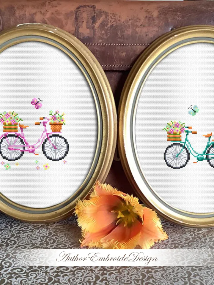 Set Bicycle with flowers cross stitch pattern PDF download Vintage bicycle cross stitch chart Flower basket bike, Bicycle with balloons #O17