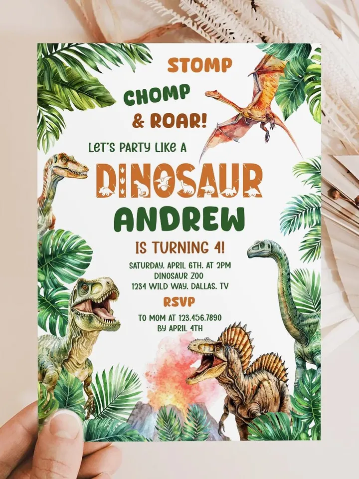 Dinosaur Birthday Invitation, Dinosaur Birthday Party Invite Template, Stomp Chomp and Roar Dinosaur Birthday, Boy Birthday Invitation Canva
