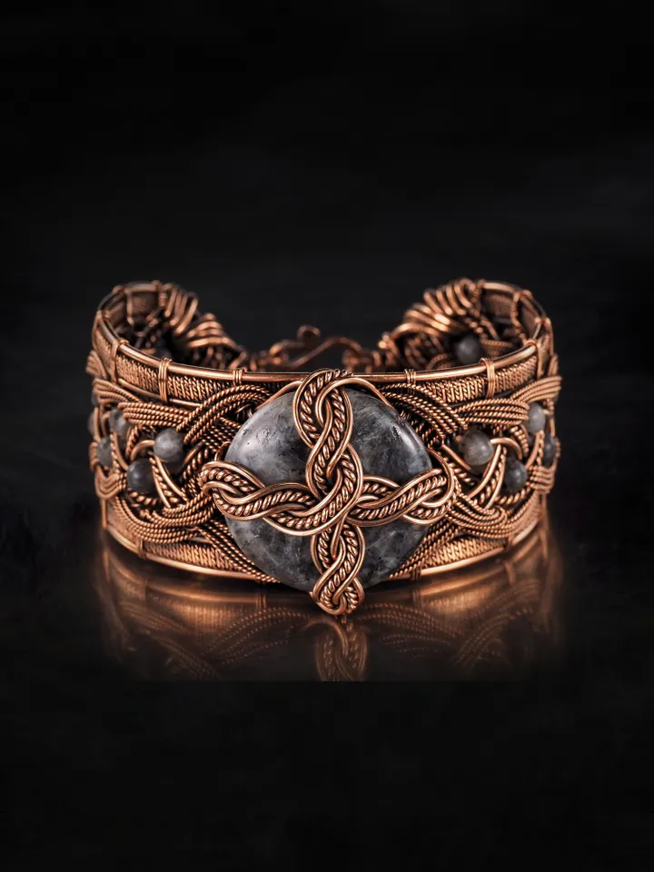 Copper wire wrapped larvikite bracelet Unique bangle 7th Wedding Anniversary
