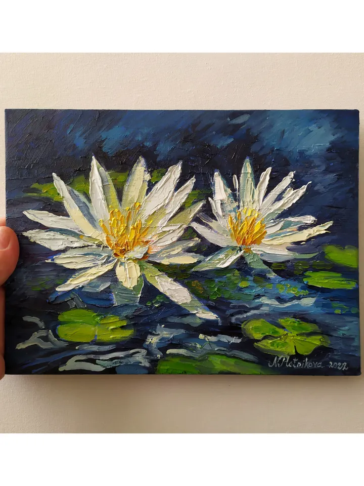 Water Lily painting Lotus Original Art Floral Artwork impasto oil painting