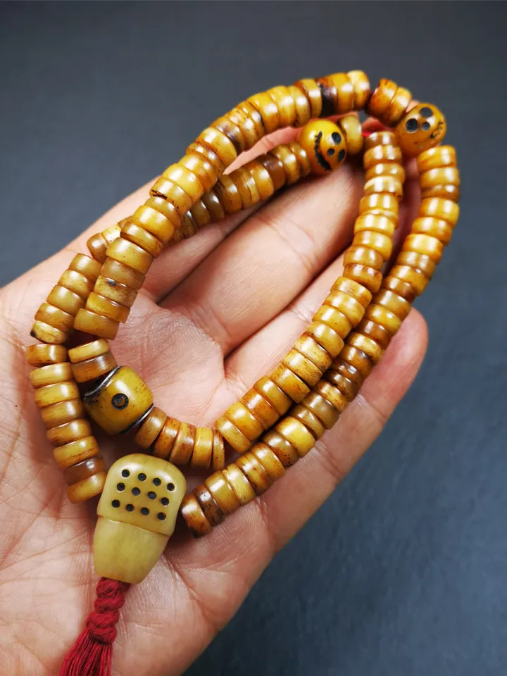 Gandhanra Old Tibetan 108 Yak Bone Mala,Prayer Beads Necklace,Rosary Beads for Meditation,Diameter 0.35", Circumference 16.5"