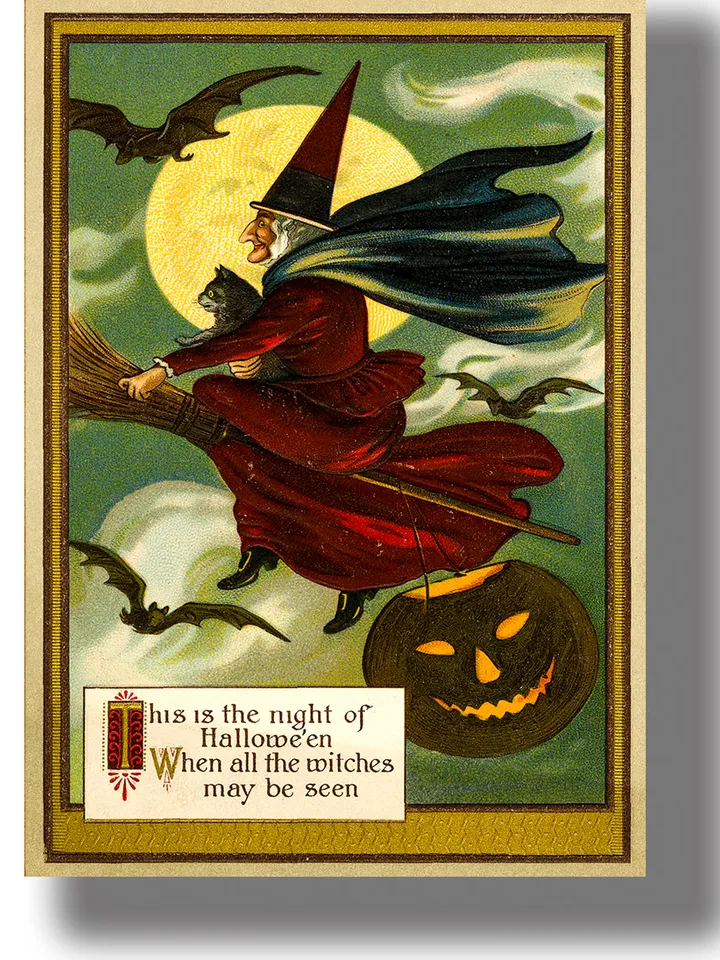 Halloween poster with a witch on a broom.