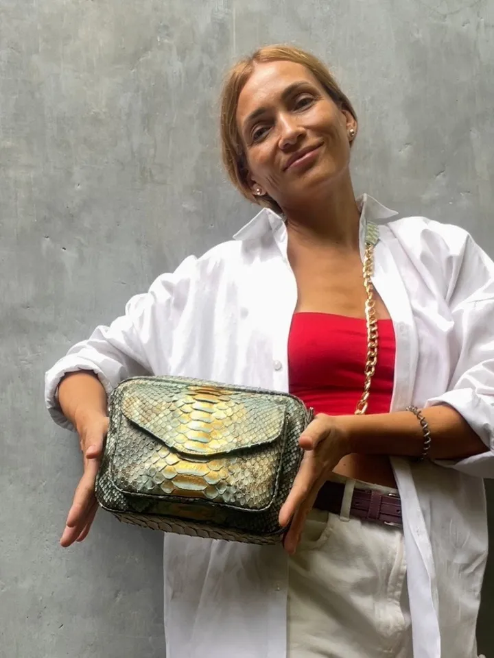 Genuine python skin crossbody blue sport bag with pocket | designer women leather handbag | snakeprint bag | crossbody purse | gift for her